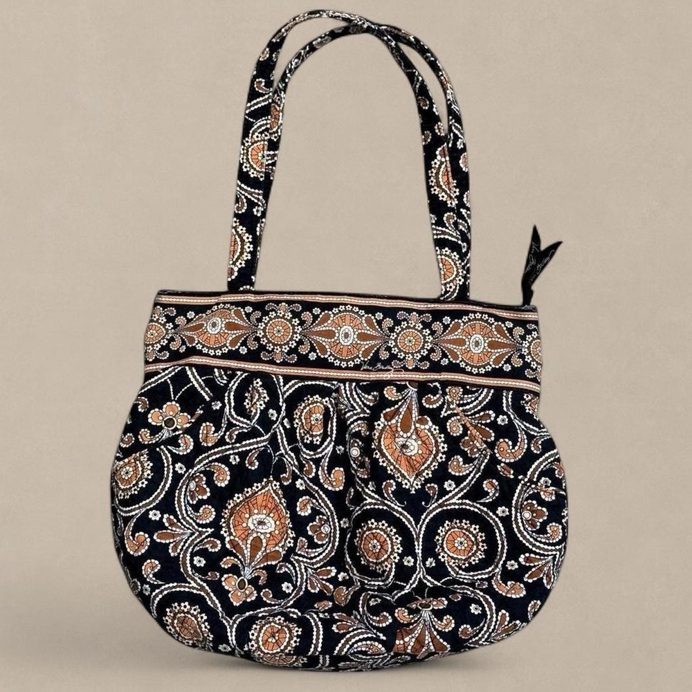 Vera Bradley quilted cotton tote bag black, brown, tan, and cream paisley print - Picture 2 of 5